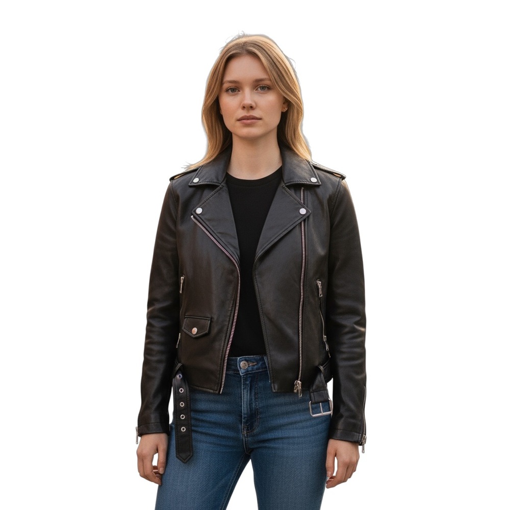 Levi's Black Belted Moto Biker Jacket Asymmetric Zip Women's Small Orig $120